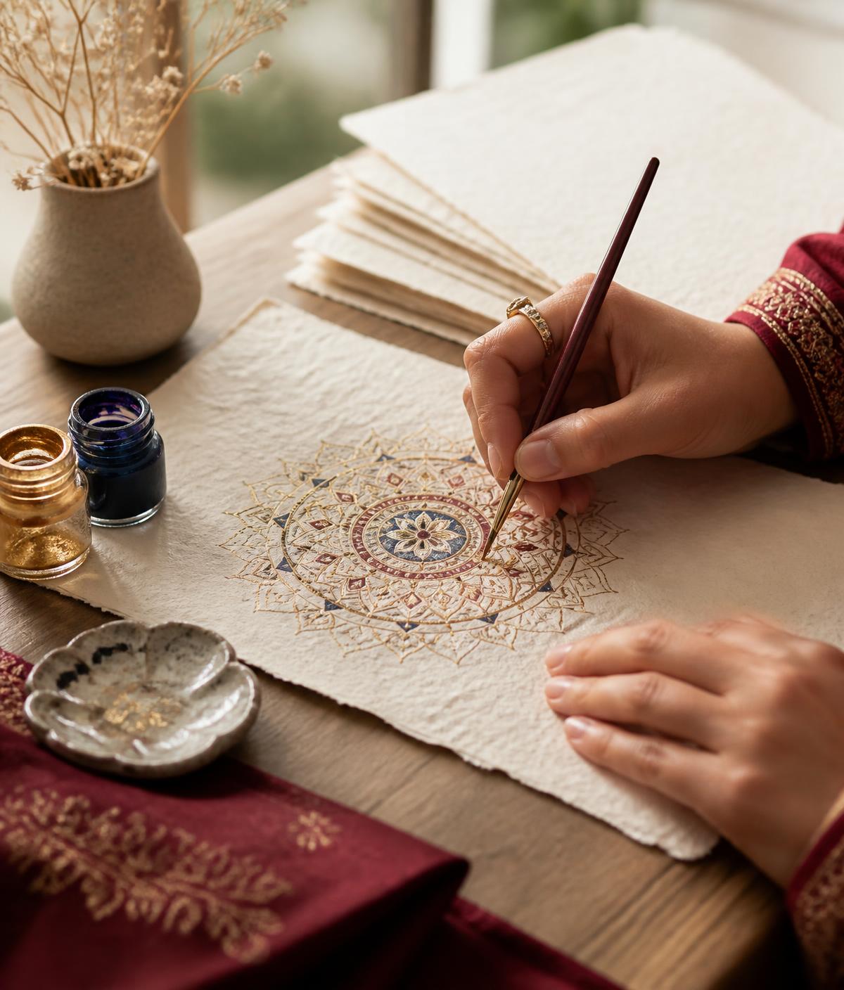 Hands painting a fine gold mandala on handmade paper